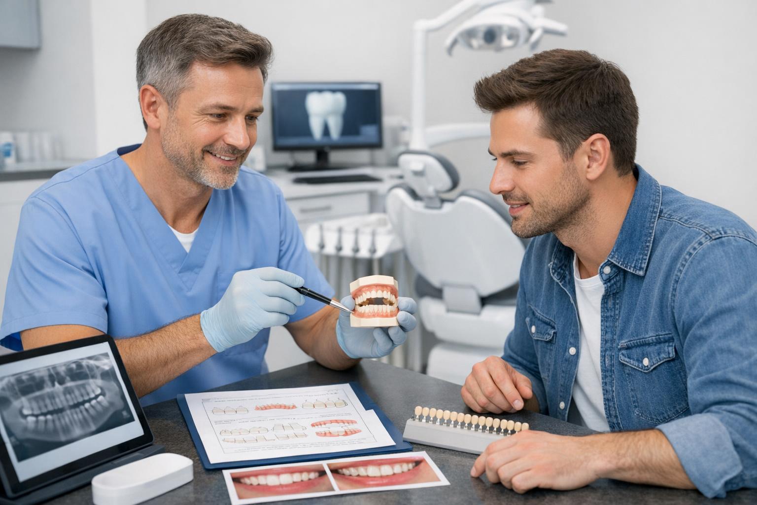 Dentysta konsultuje pacjenta — plan leczenia dostosowany do potrzeb